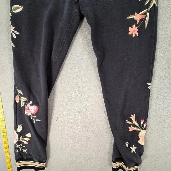 JW Los Angeles Pants Womens XS Black Fleece Jogger Sweatpants Floral Embroidered - Picture 2 of 10